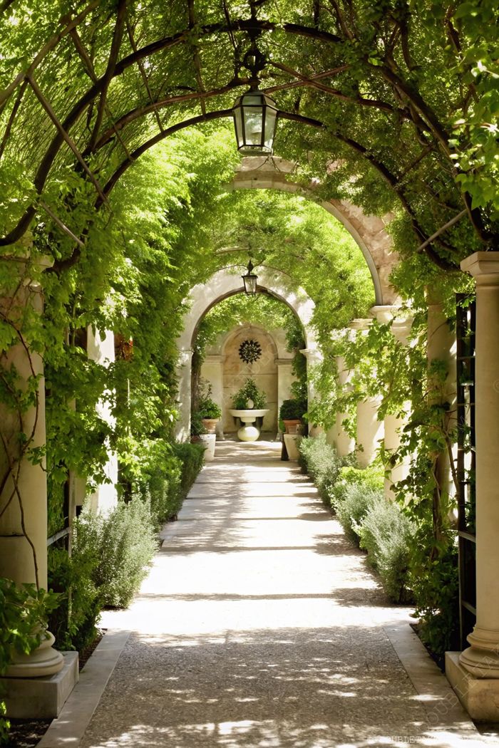 Serene stone pathway bordered by lush greenery and elegant arches leading to a tranquil fountain in a French garden design.