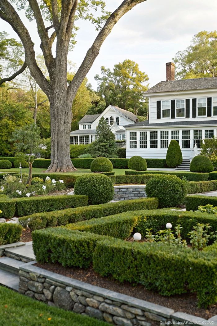 Beautifully landscaped French garden with majestic tree, spherical hedges, intricate pathways, and elegant white-sided homes in the background.