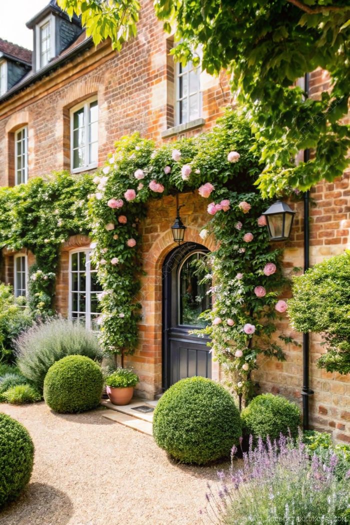 Charming rustic brick house with black door framed by pink roses, topiaries, and lavender along a gravel pathway.