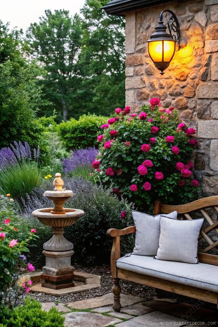 Tranquil French garden with stone fountain surrounded by pink roses, lavender, and a cushioned wooden bench near a wall-mounted lantern.