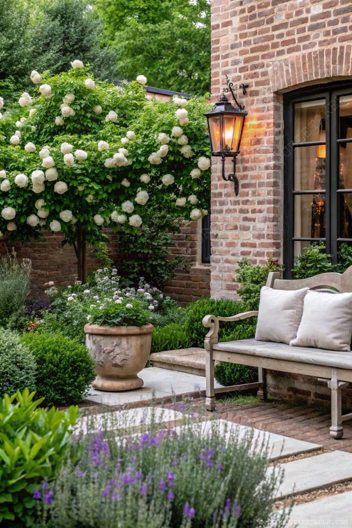 Charming French garden with rustic brick wall, wooden bench, stone pathways, and lush flowering plants creating an elegant outdoor retreat.