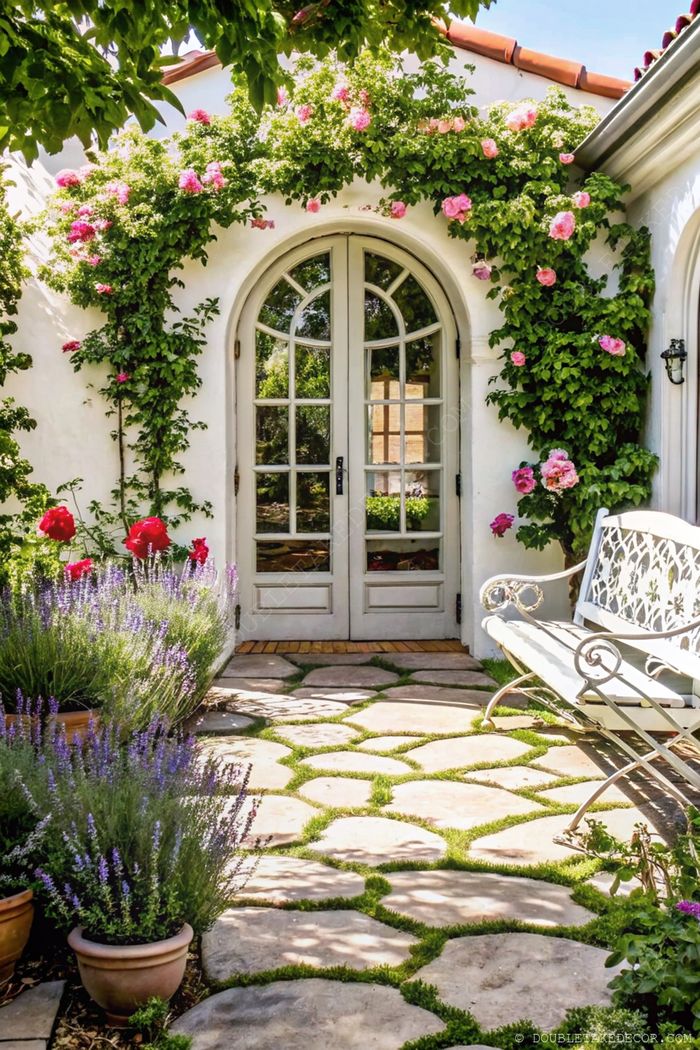 Double glass doors framed by lush greenery, stone pathway with lavender pots and a white bench in a serene French garden setting.