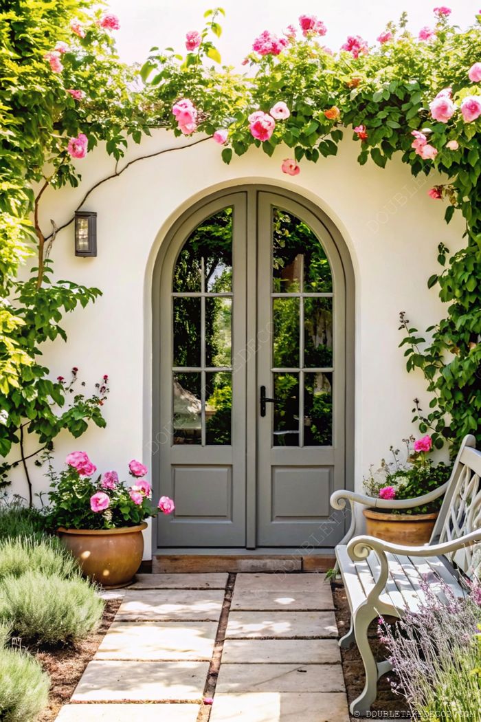 Elegant gray double doors with arched tops surrounded by climbing pink roses and potted plants create a charming French garden entryway