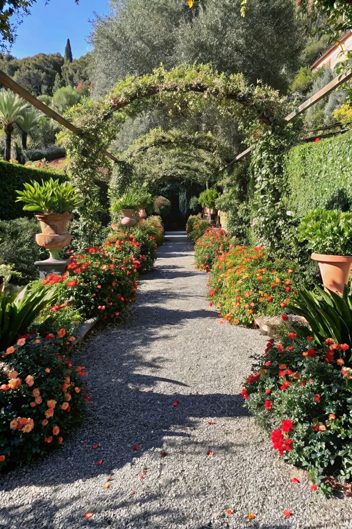 Serene gravel pathway bordered by vibrant begonias and tall planters, with arched trellises creating a charming green canopy in a French garden design.