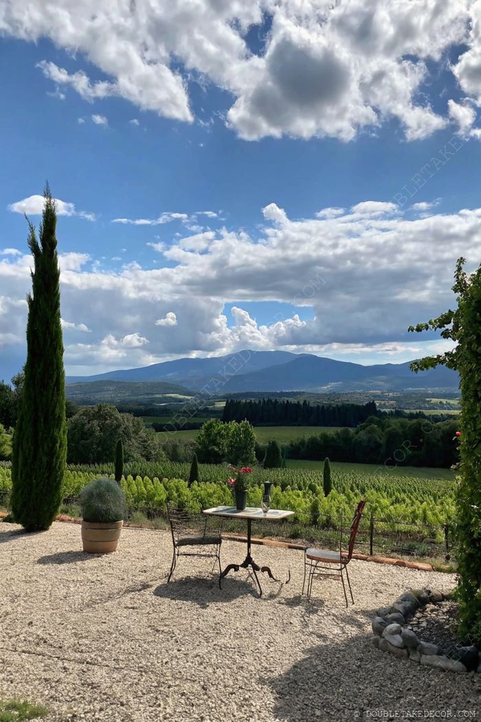 Intimate outdoor seating area with round table and chairs overlooking picturesque vineyard hills and distant mountains