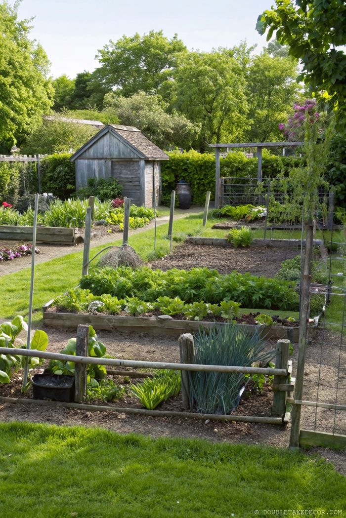 Charming vegetable garden with wooden raised beds, thriving herbs and vegetables, rustic shed, and flower-lined paths in French potager style.