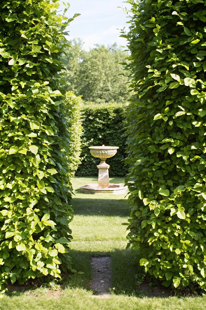 Serene French garden with tall green hedges forming a pathway to an elegant stone fountain, surrounded by manicured lawn under blue skies.