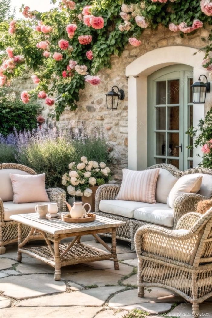 Charming outdoor seating area with wicker couches, stone wall backdrop, and vibrant pink and white flowers creating a serene French garden atmosphere.