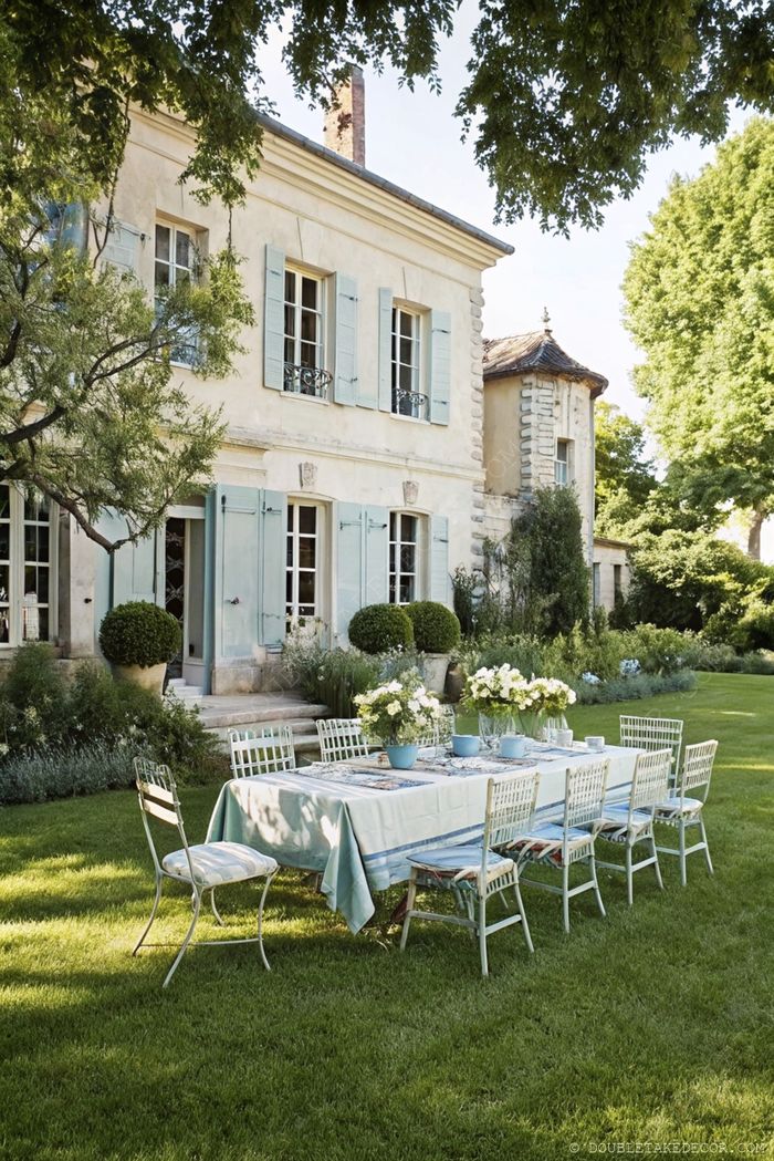 Charming outdoor dining area with blue tablecloth and flowers, surrounded by metal chairs and a rustic house with blue shutters in a lush French garden.