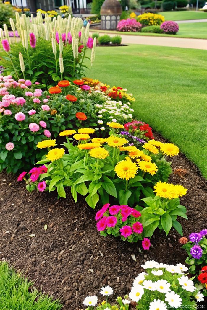 Colorful flower garden with bright yellow daisies, pink and purple blooms, and orange accents arranged in well-defined beds for curb appeal