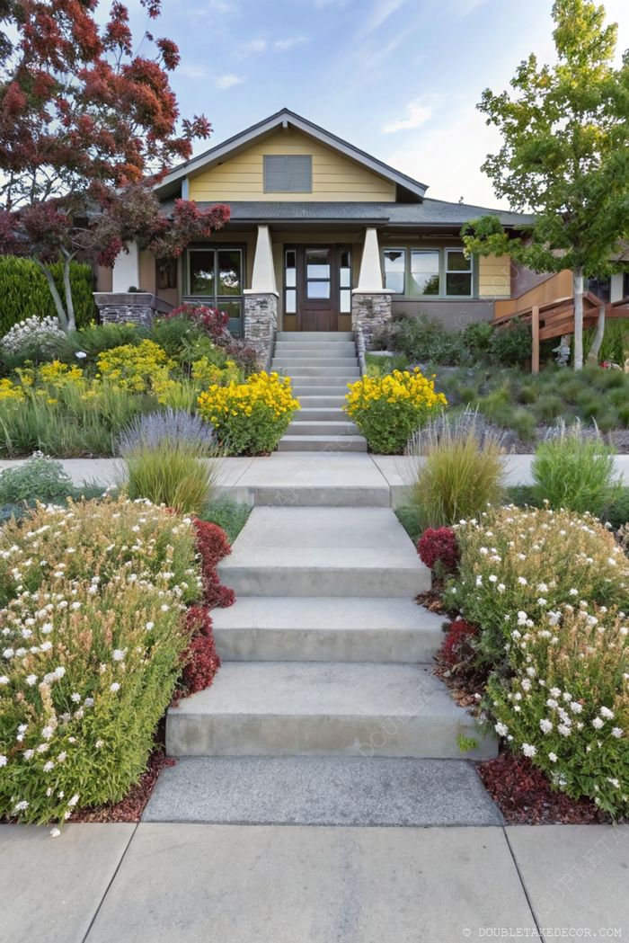 Charming house with concrete steps flanked by colorful flower beds in yellow, white, and red, creating an inviting entrance landscape.