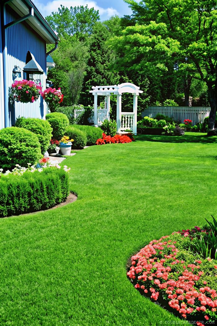 Well-manicured lawn with colorful flower beds and shrubs surrounding a white wooden gazebo, perfect for front yard landscaping.