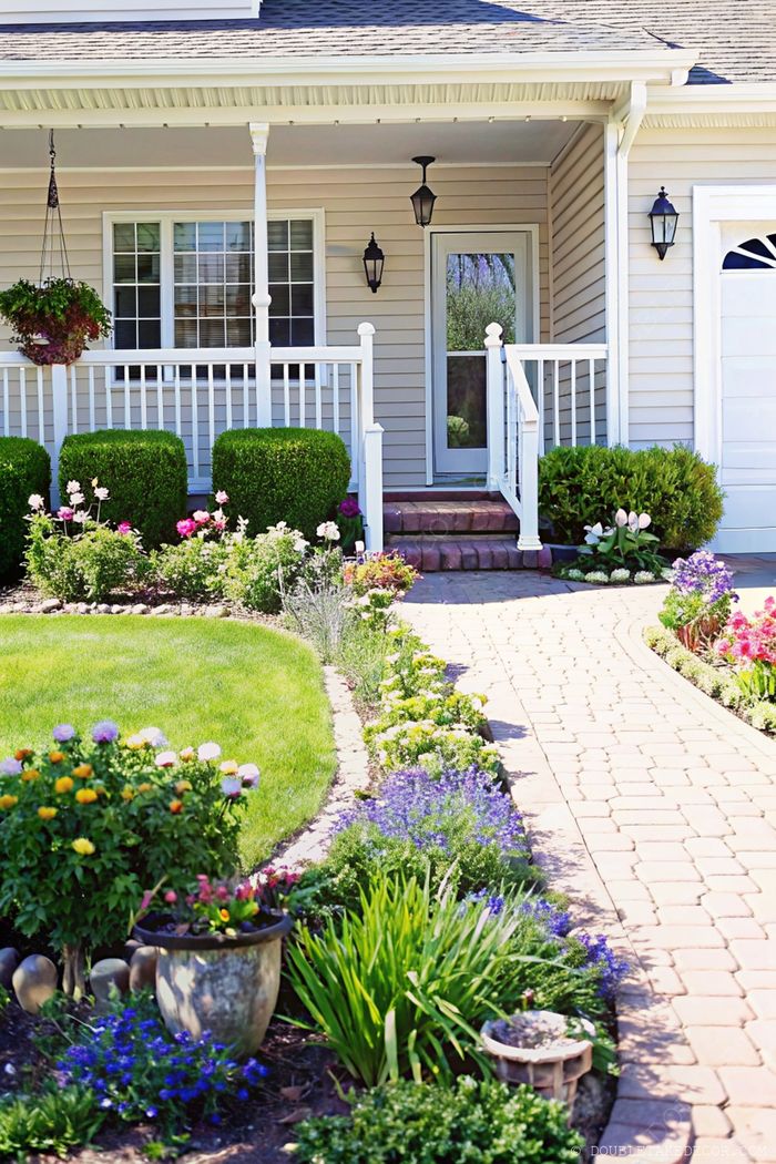 Well-maintained paver pathway leading to a porch, framed by colorful flower beds and manicured hedges creating an inviting entrance.