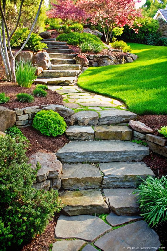 Natural stone steps create a beautiful garden pathway, flanked by lush greenery, shrubs, and colorful flowering trees on a well-manicured lawn.