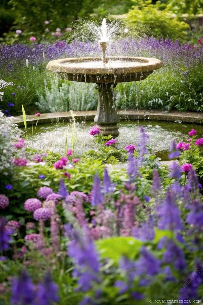 Stone fountain with cascading water surrounded by vibrant purple and pink flowers in a lush garden landscape