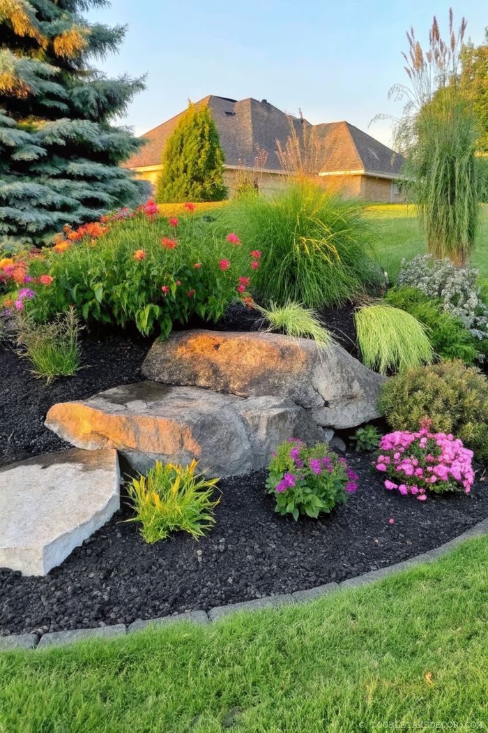 A beautifully landscaped garden with pink and orange flowers nestled among rock formations and stepping stones on black mulch.