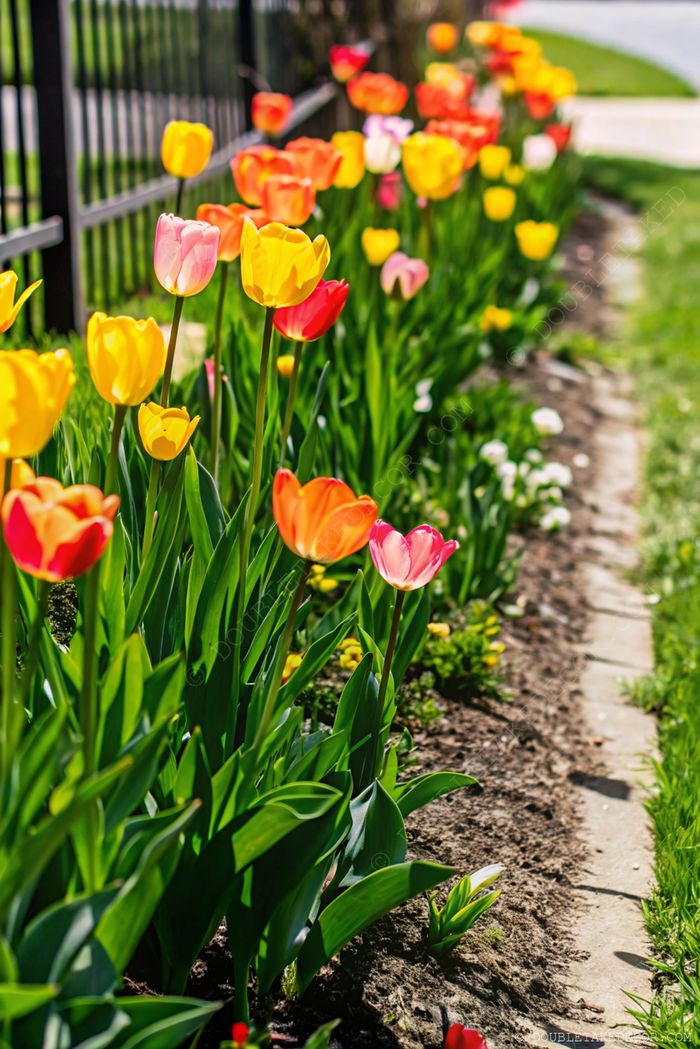 Bunte Tulpen in Gelb, Orange, Pink und Rot säumen einen Gartenweg und schaffen im Frühling eine fröhliche Grenze zwischen Garten und Rasen.