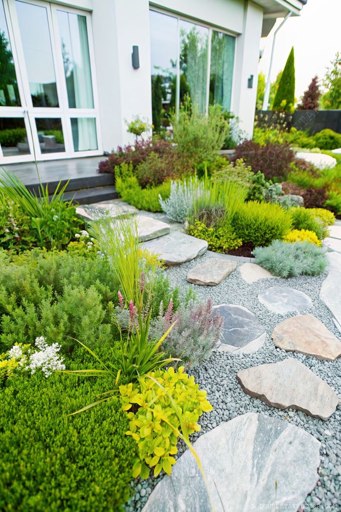 Moderner Hausgarten mit Steinweg, üppigem Grün, gelben Blättern als Hingucker und Kiesel als Akzent, der einen ruhigen Außenbereich schafft.