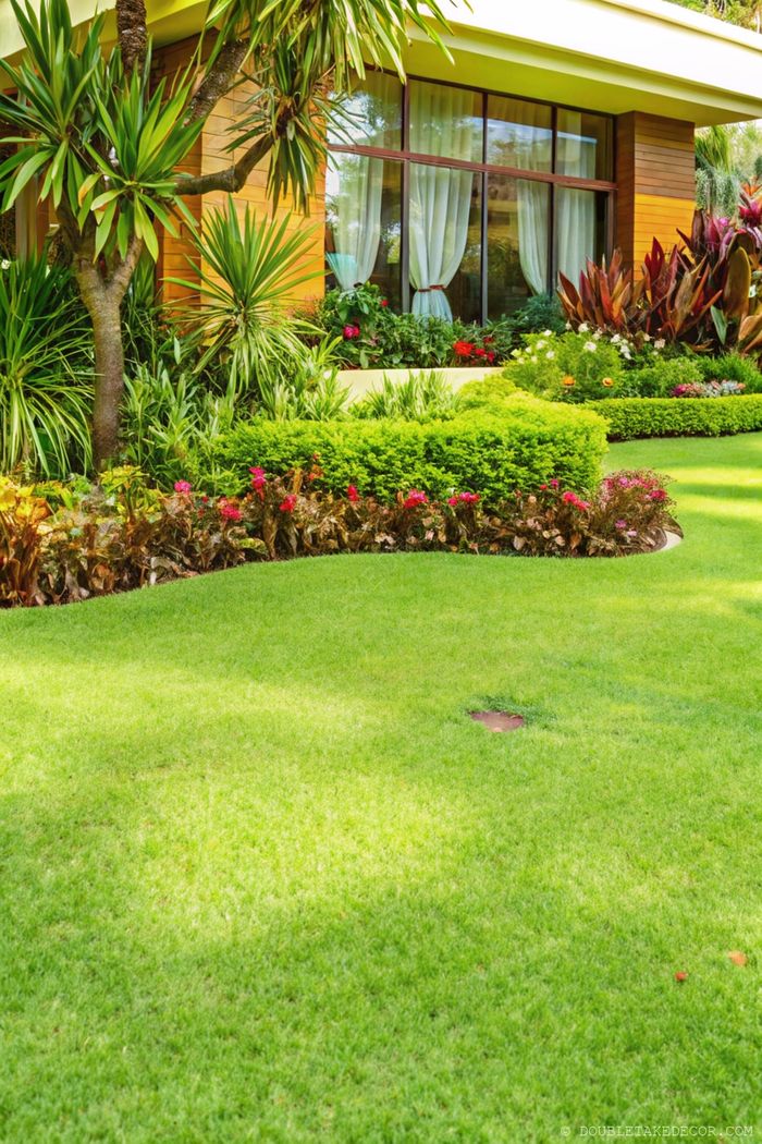 Angelegter Garten mit geschwungenen Blumenbeeten, kräftigem Rasen und tropischen Pflanzen, passend zum modernen Haus mit großen Fenstern.