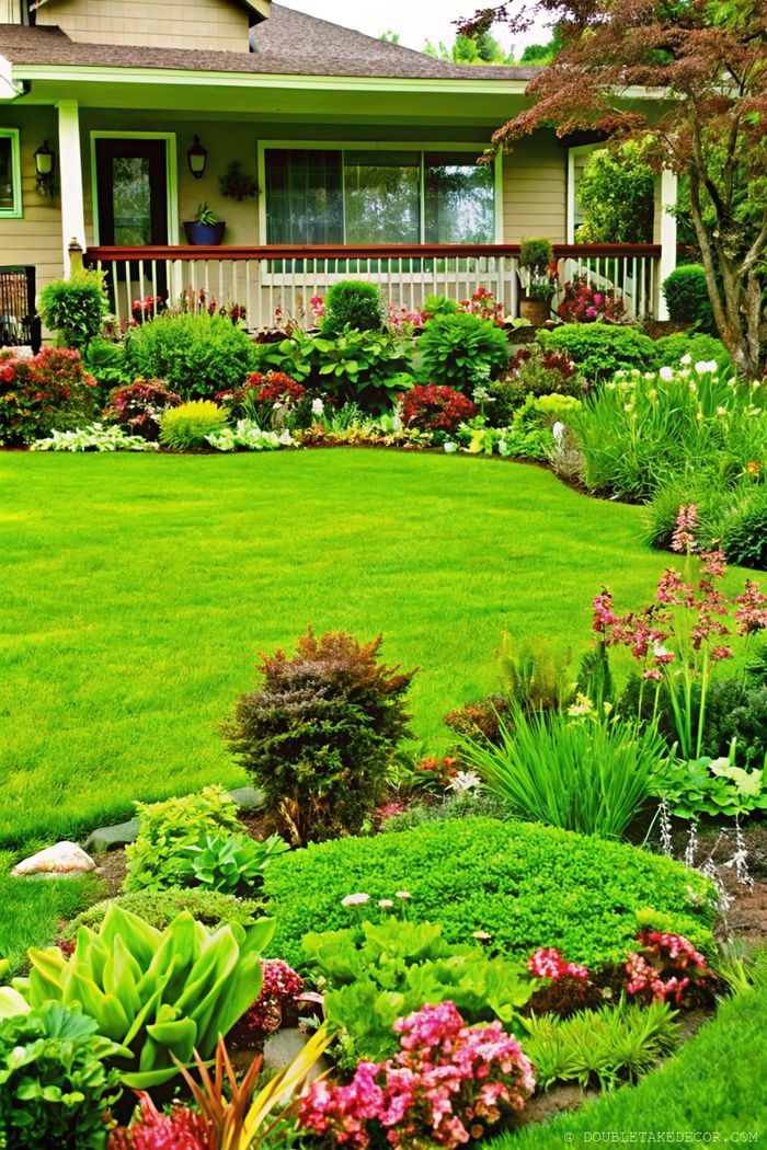 Schöner Vorgarten mit bunten Blumenbeeten, gepflegtem Rasen und einer gemütlichen Veranda mit Topfpflanzen.