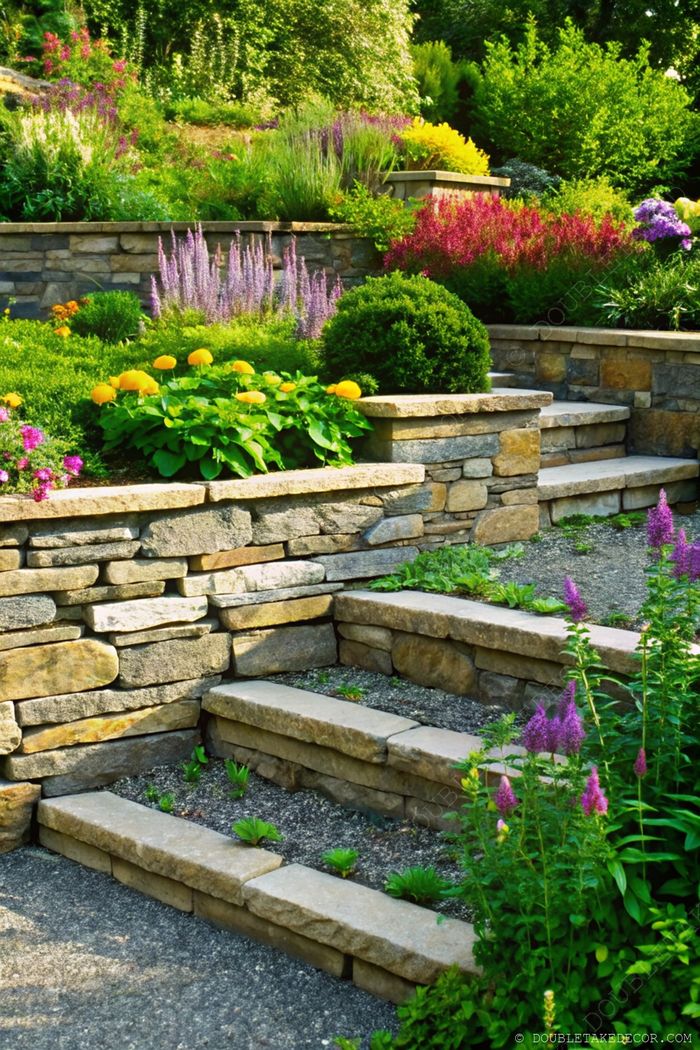 Natursteinstufen schlängeln sich durch einen farbenfrohen Garten mit gelben Blumen, Lavendel und üppigem Grün und schaffen einen ruhigen Gartenweg.
