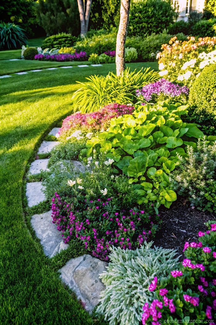 Geschwungener Steinweg durch gepflegten Rasen und bunte Blumenbeete mit rosa und lila Blüten und üppigem Grün.
