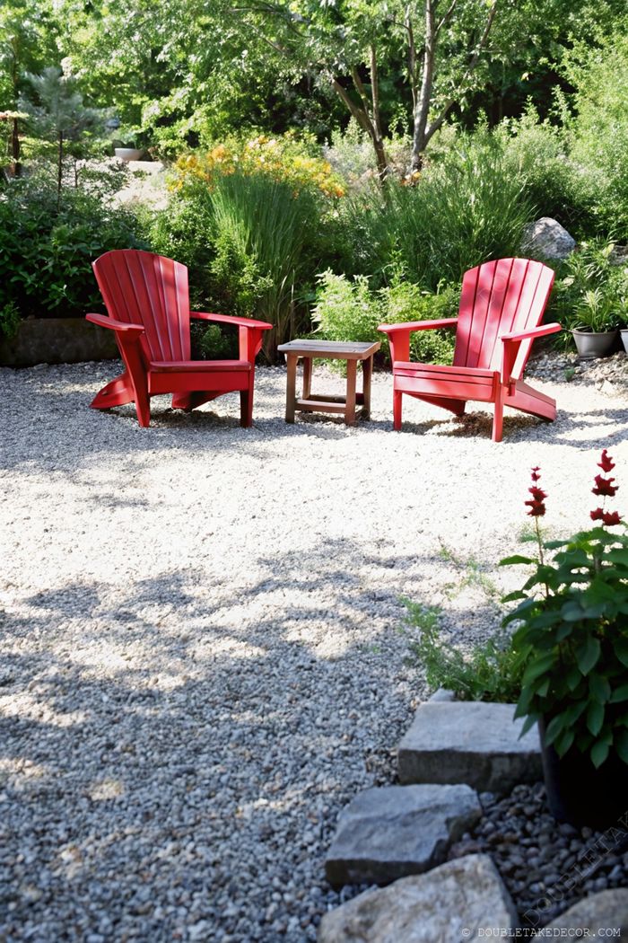 Zwei rote Adirondack-Stühle mit rustikalem Tisch auf Kies, umgeben von üppigem Grün und bunten Blumen für ein gemütliches Plätzchen vor dem Haus.