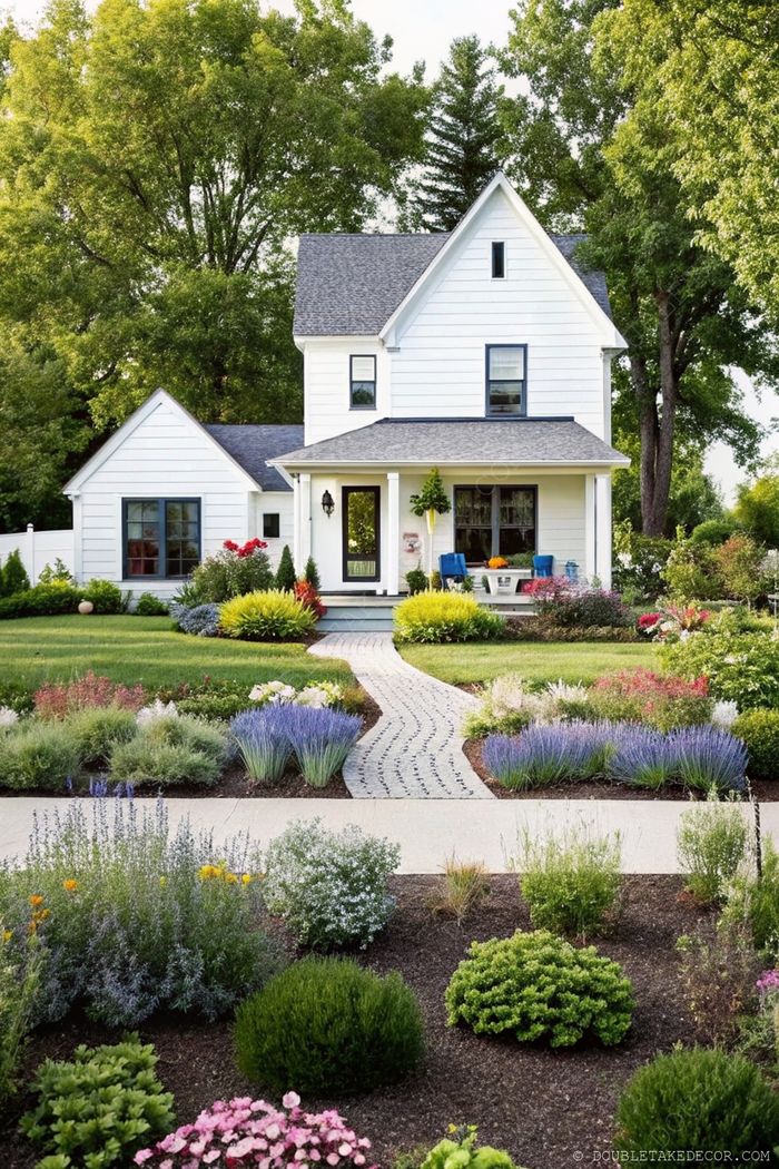 Zweistöckiges weißes Haus mit üppigem Garten, bunten Blumen, Steinweg und blauen Stühlen auf der Veranda für einladendes Flair.