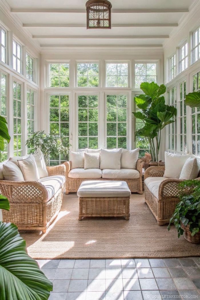 Heller Wintergarten mit Rattanmöbeln, weißem Polstersofa, Sessel, Hocker, viele Pflanzen auf neutralem Teppich.