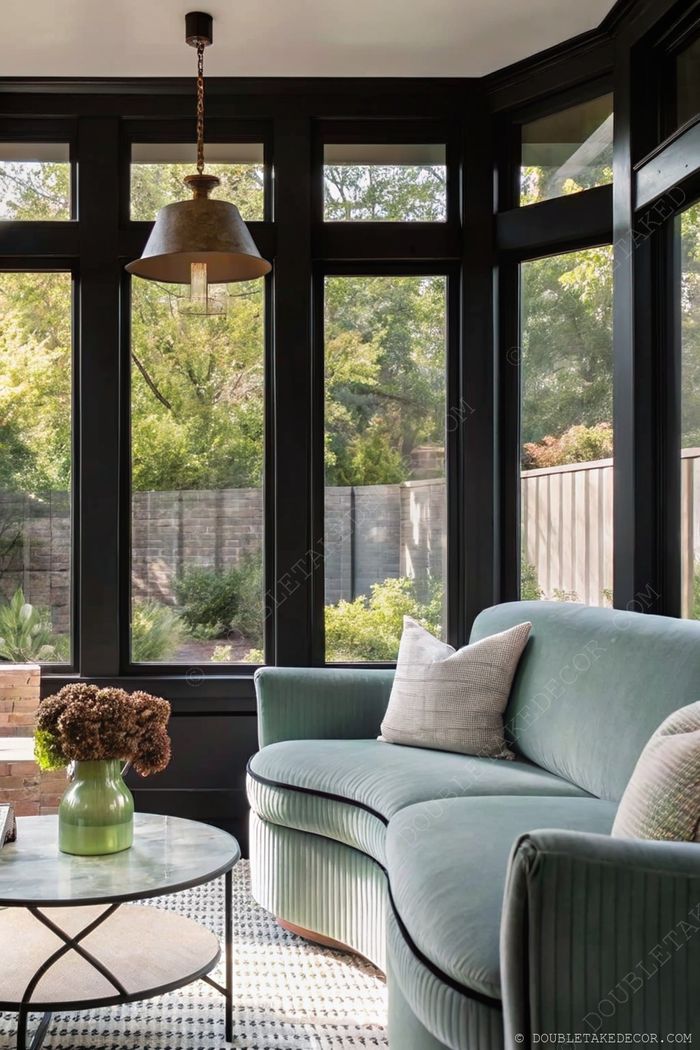 Heller Wintergarten mit bodentiefen Fenstern, ein geschwungenes tealfarbenes Sofa, Marmorcouchtisch und moderne Pendelleuchte.