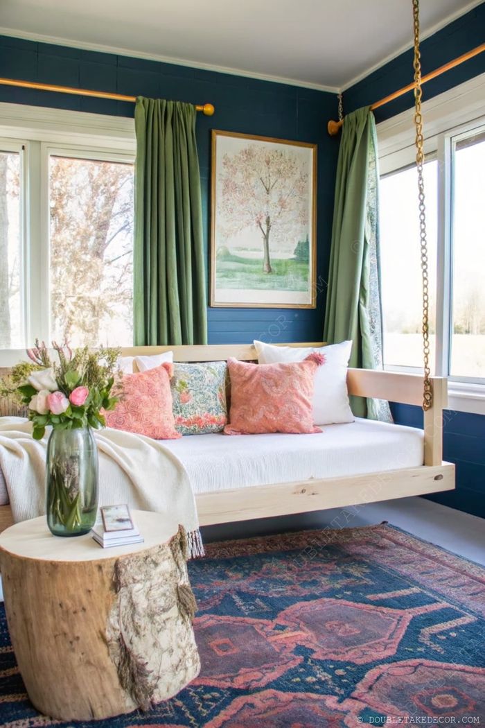 Tagesbett aus Holz mit rosa Kissen und weißer Decke, direkt an bodentiefen Fenstern mit grünen Gardinen – der perfekte Rückzugsort im Wintergarten.