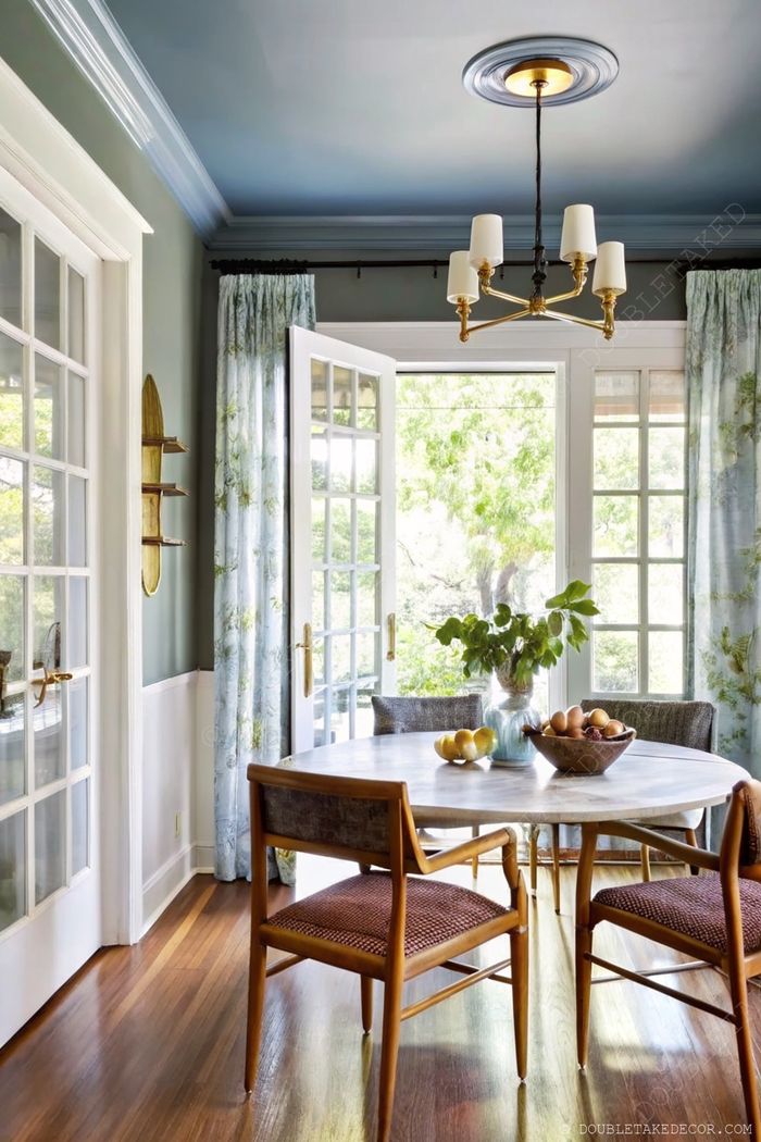 Eleganter Essbereich mit rundem Tisch unter goldener Lampe, hellgrünen Wänden, französischen Türen für Tageslicht und Holzmöbeln.