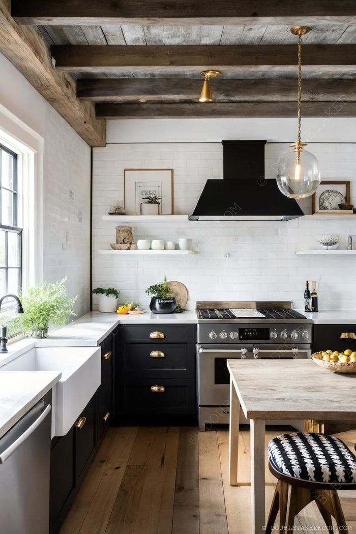 Contemporary kitchen featuring black cabinetry, marble countertops, and wooden accents with elegant pendant lighting and open shelving.