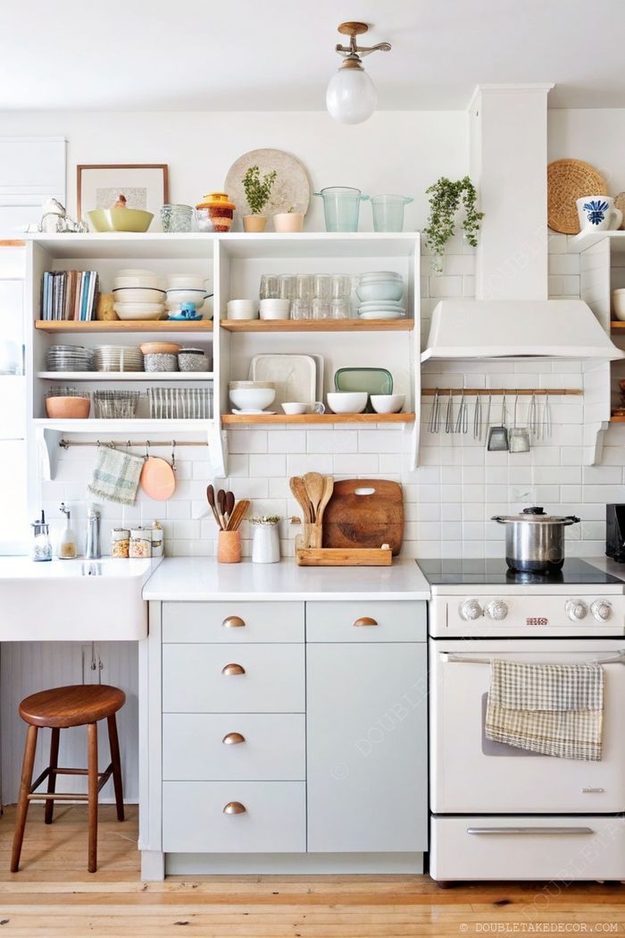Elegant kitchen featuring open shelving displaying dishware and decorative items above light gray cabinetry with wooden countertops and bronze hardware.