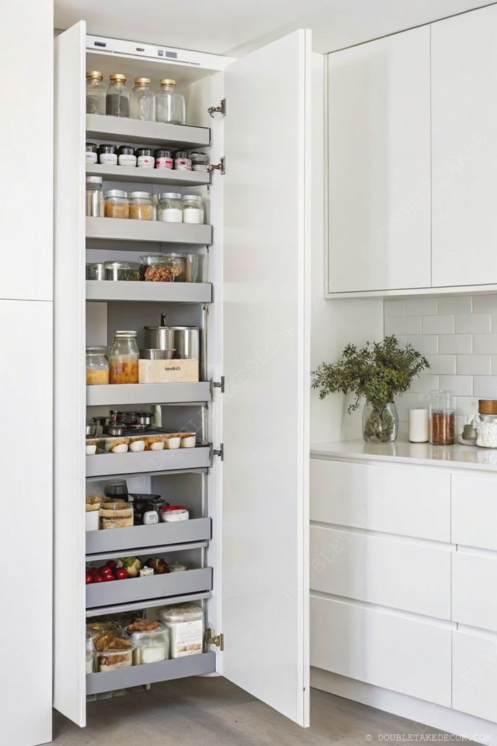Organized double-door pantry with adjustable shelves holding labeled glass jars and containers, complementing a minimalist kitchen countertop