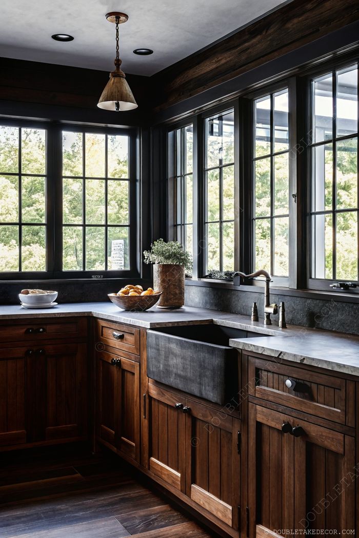 Warm wood cabinetry with dark countertops featuring a farmhouse sink, fruit bowl, and greenery by black-framed windows.