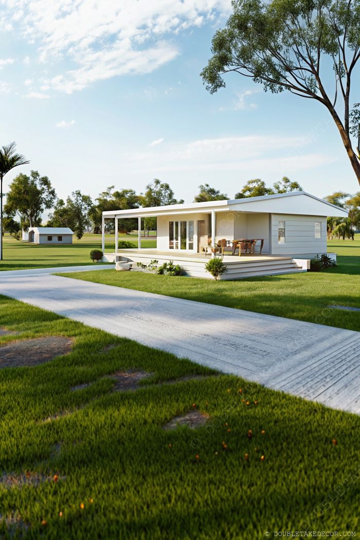 A minimalist modular home with light-colored facade, large glass doors, and spacious deck for outdoor dining, surrounded by lush green landscape.