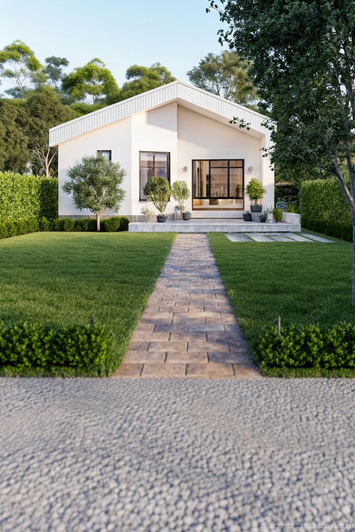Modern single-story house with sloped roof, large windows, and beautifully landscaped yard featuring stone pathway and trimmed shrubs.