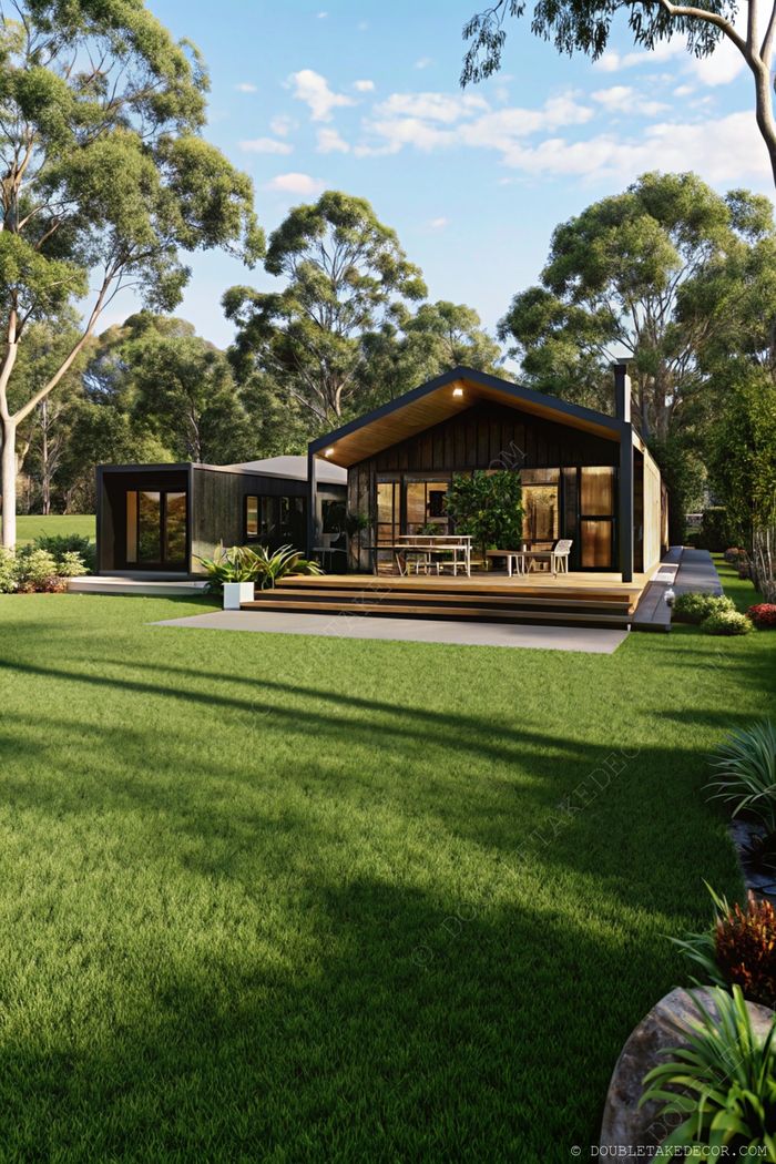 Elegant modular home with wood and dark exterior, sloped roof, and large windows, featuring a spacious wooden deck for outdoor dining.
