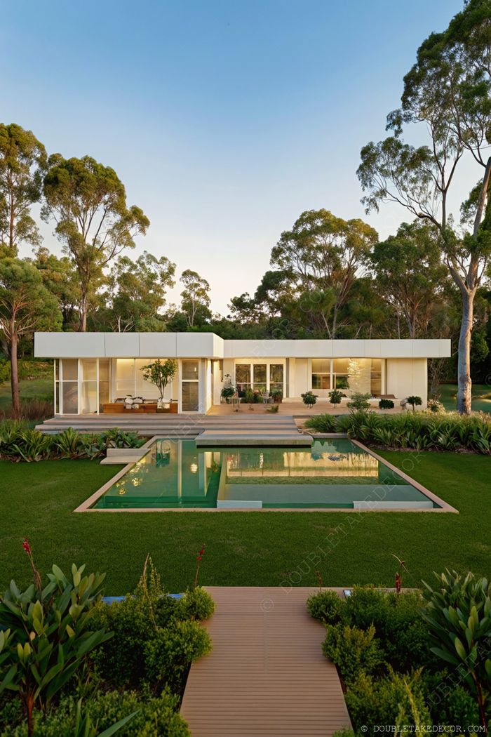 Sleek modular home with large windows, wooden deck, and twin pools surrounded by landscaped gardens and eucalyptus trees.