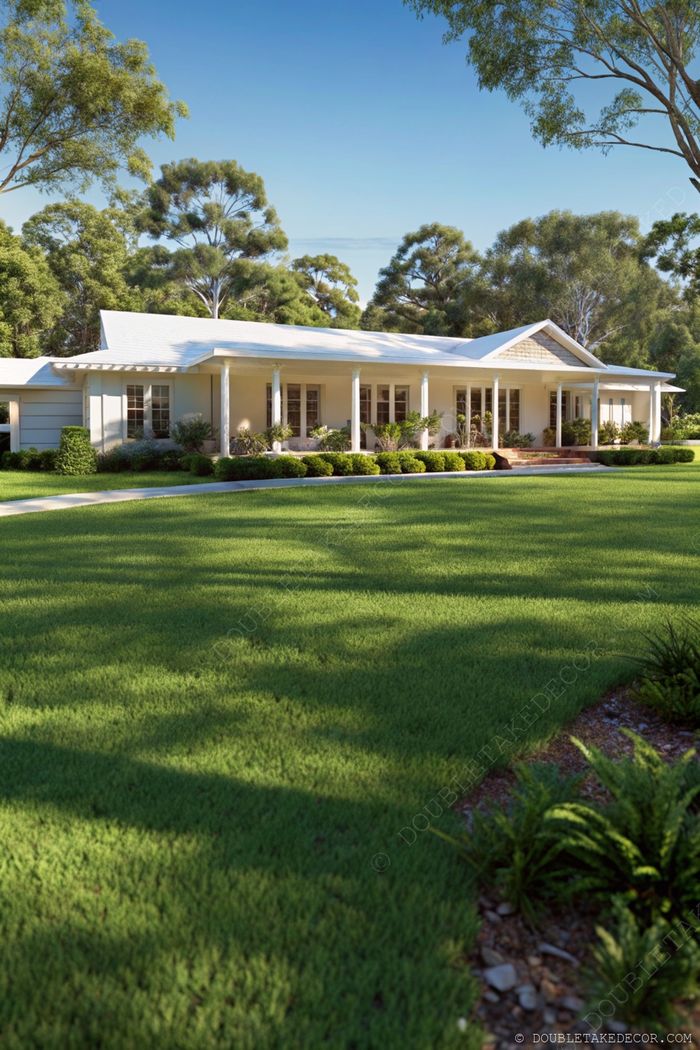 Beautiful modular house with wide porch, columns, and sloped roof set among manicured lawns and lush landscaping.