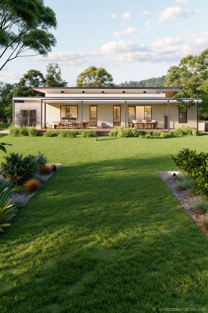 Modern single-story modular home with large windows and covered patio, surrounded by manicured lawn and ornamental plants in a tranquil setting.