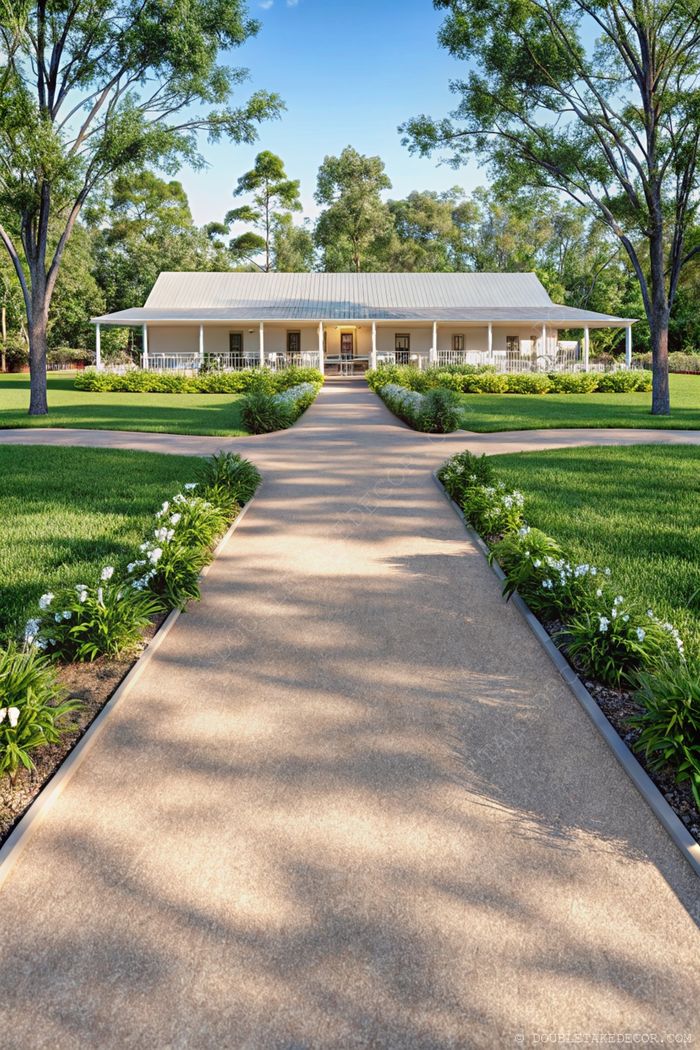 Elegant modular country house with metal roof and welcoming porch, surrounded by landscaped gardens and tall trees under clear blue skies.