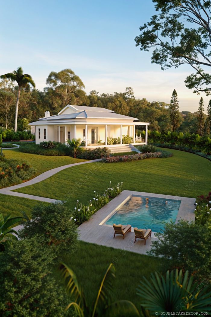 A white modern house with wraparound porch set in lush tropical gardens, featuring a curved pathway and small swimming pool with lounge chairs.