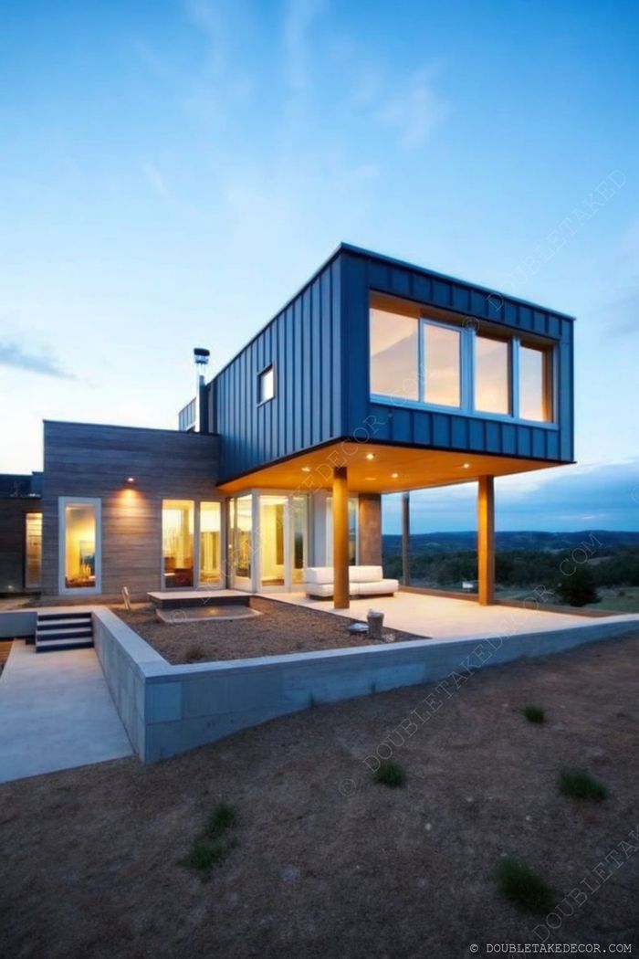 Modern modular home with sleek metal cladding, wooden accents, and large windows overlooking a minimalist outdoor patio area.