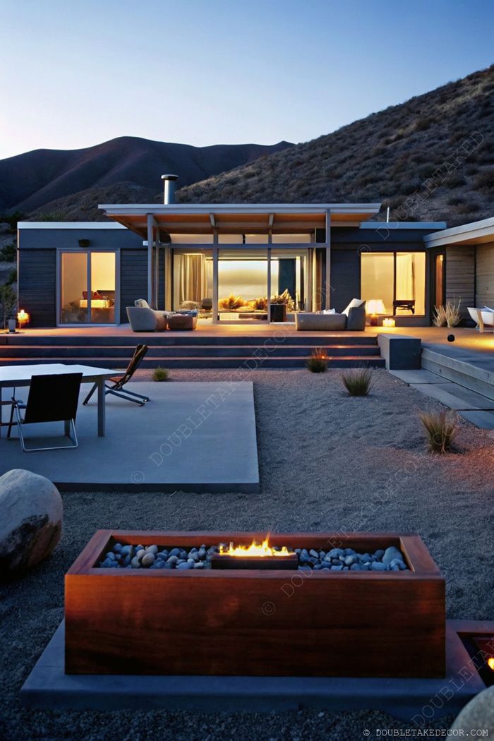 Elegant modular home with large windows against rolling hills, featuring cozy outdoor patio with fire pit and minimalist seating area.