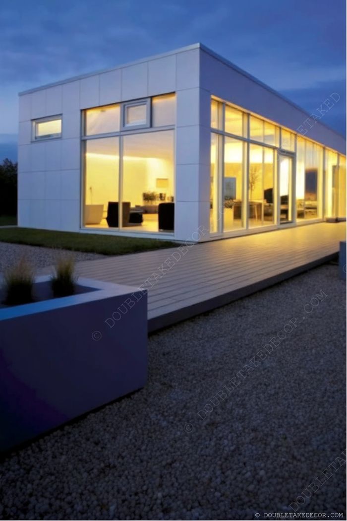 Modern minimalist modular home with large glass windows, white facade, and wooden deck entrance, glowing warmly at twilight.