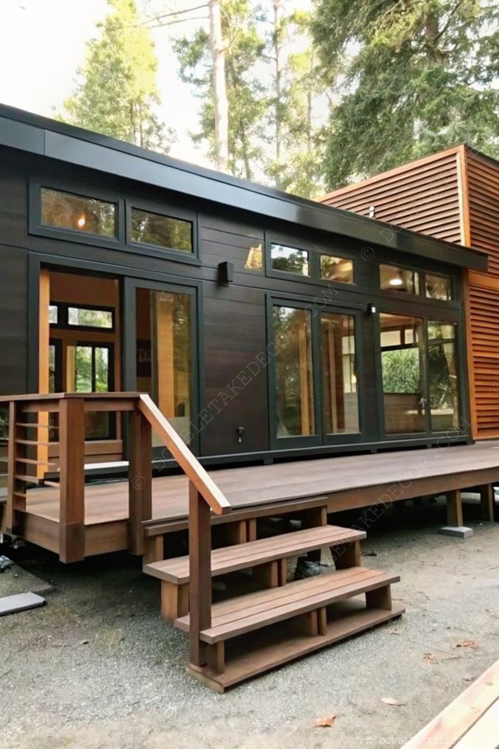 Contemporary modular home with floor-to-ceiling windows, wooden cladding, and welcoming deck nestled among forest greenery.