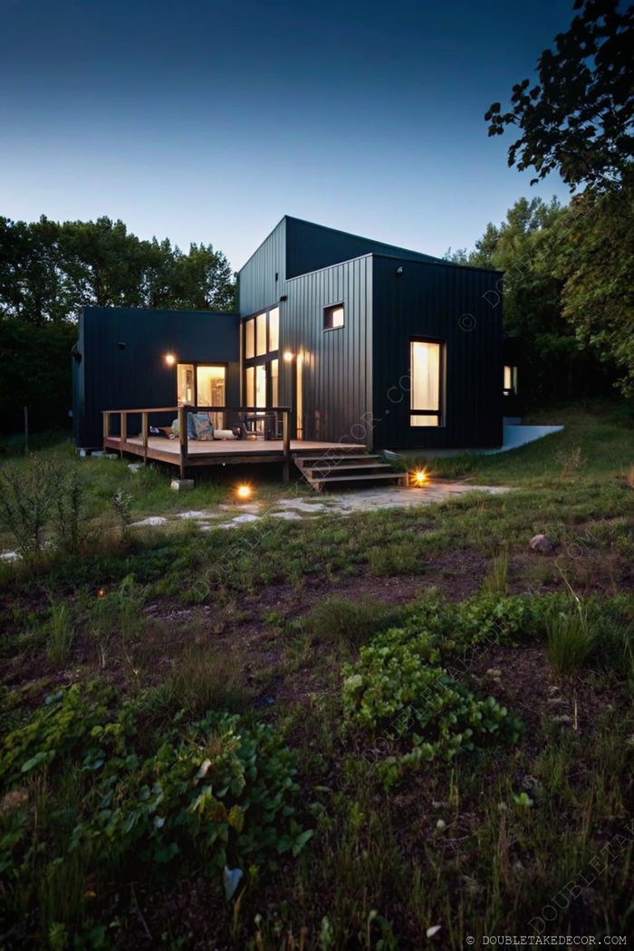 A contemporary two-story modular house with dark metal siding, large windows, and a wooden deck surrounded by lush greenery in evening light.