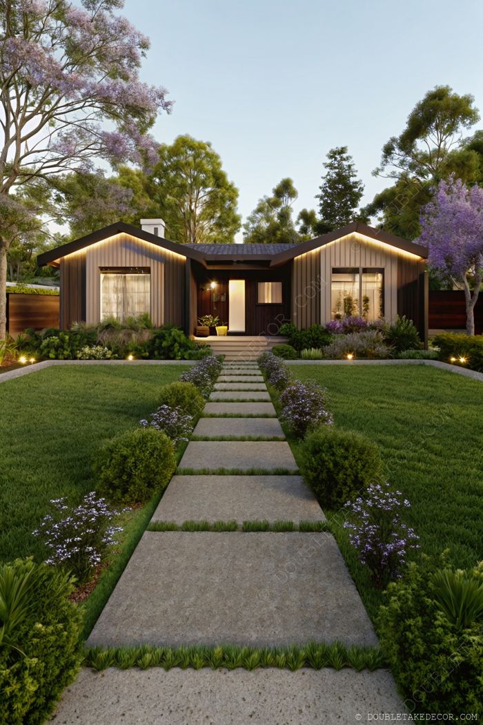 Charming modern modular home with dark wood siding and sloped roof, surrounded by lush greenery and purple flowers along the pathway.
